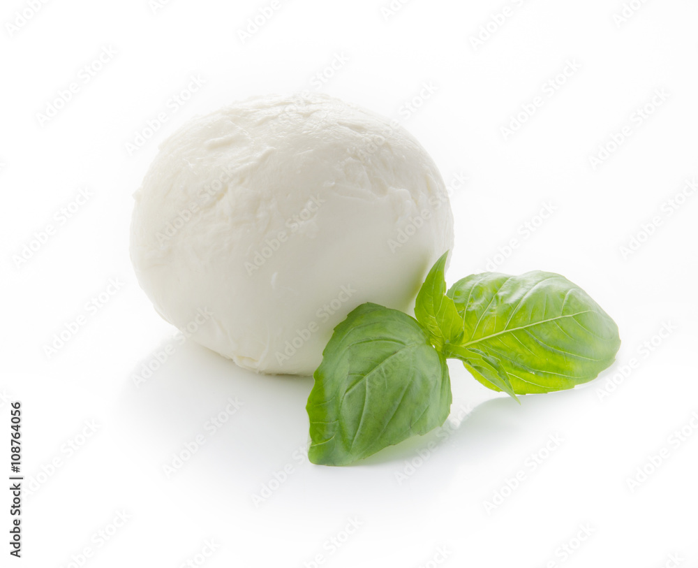 Mozzarella Buffalo with basil leaf isolated on white background.