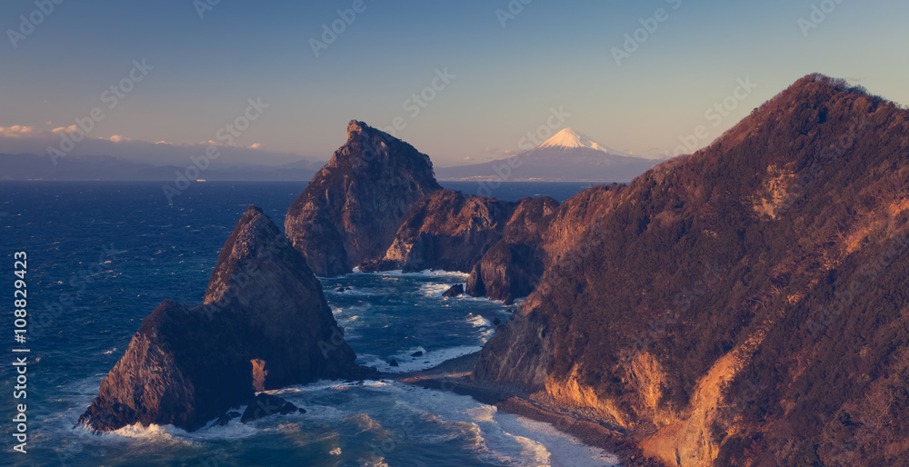 Mountain fuji and Japan sea in winter seen from Izu city , Shizuoka prefecture