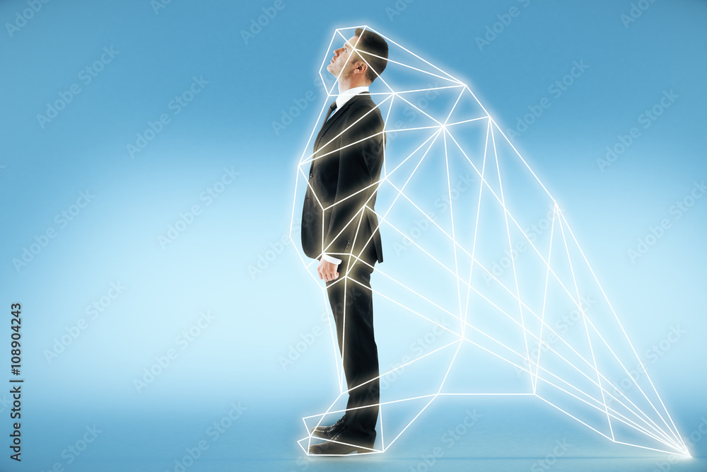 A man stands in a digital interface