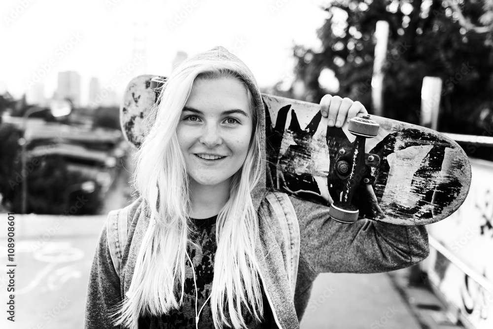 Young Woman Skater Walking Active Concept