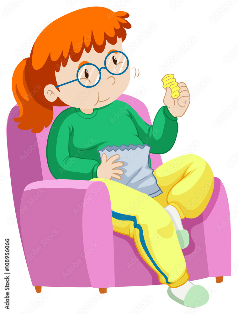 Woman eating chips on sofa