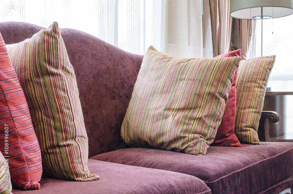 red luxury sofa style with pillows in classic living room