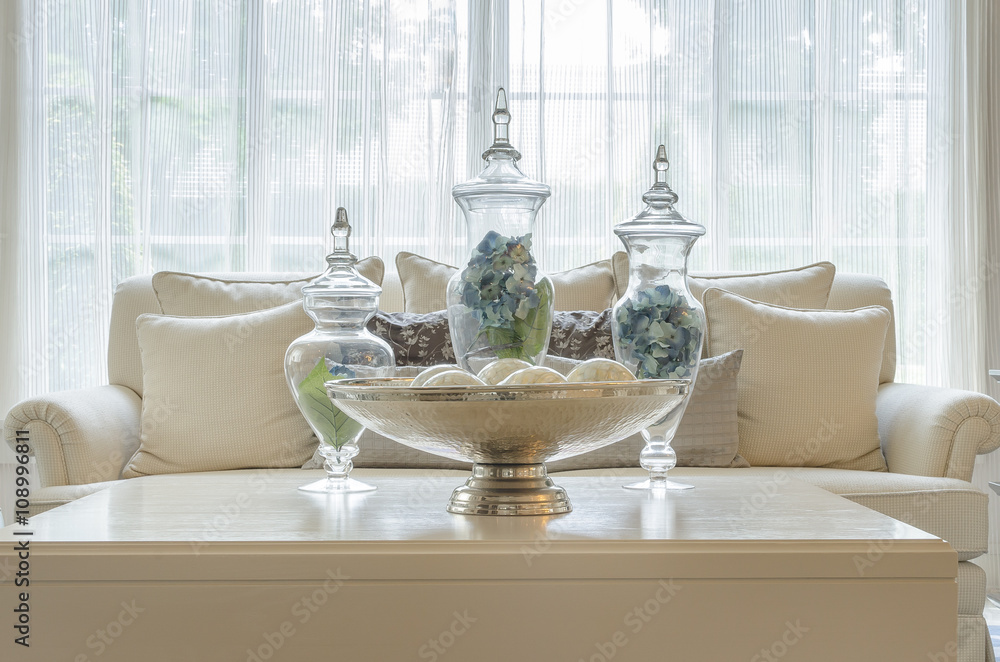 glass vase of plant on wooden table  in luxury living room style