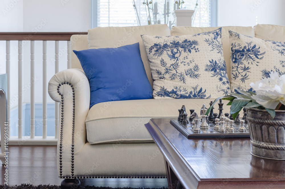 blue pillw on classic chair style in luxury living room