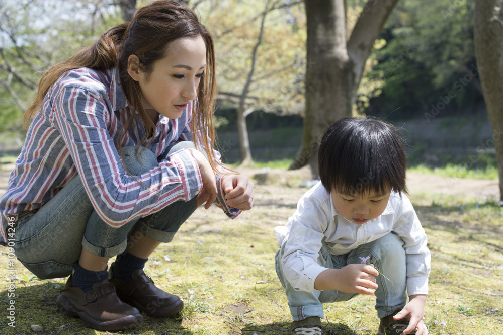 3岁男孩在公园里摘小花