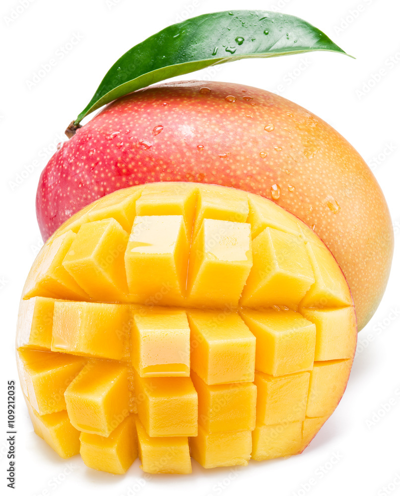 Mango fruits with water drops. Isolated on a white background.