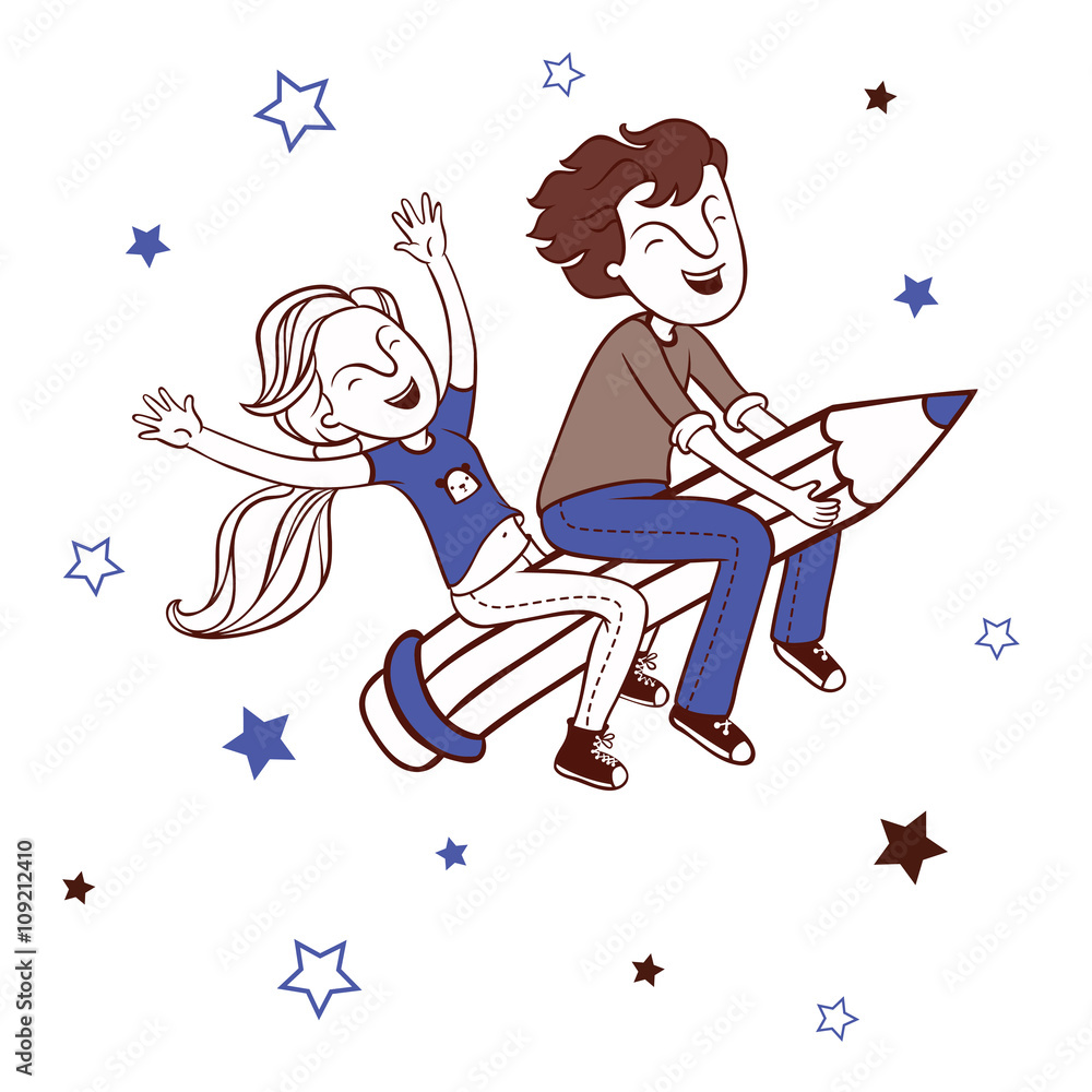 Boy and girl flying on a pencil.