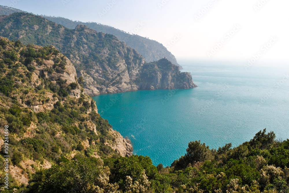 Scenic landscape from a track across the promontory of Portofino