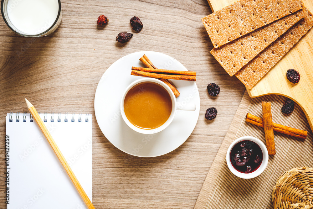 breakfast at home on wooden table with cup of  coffee