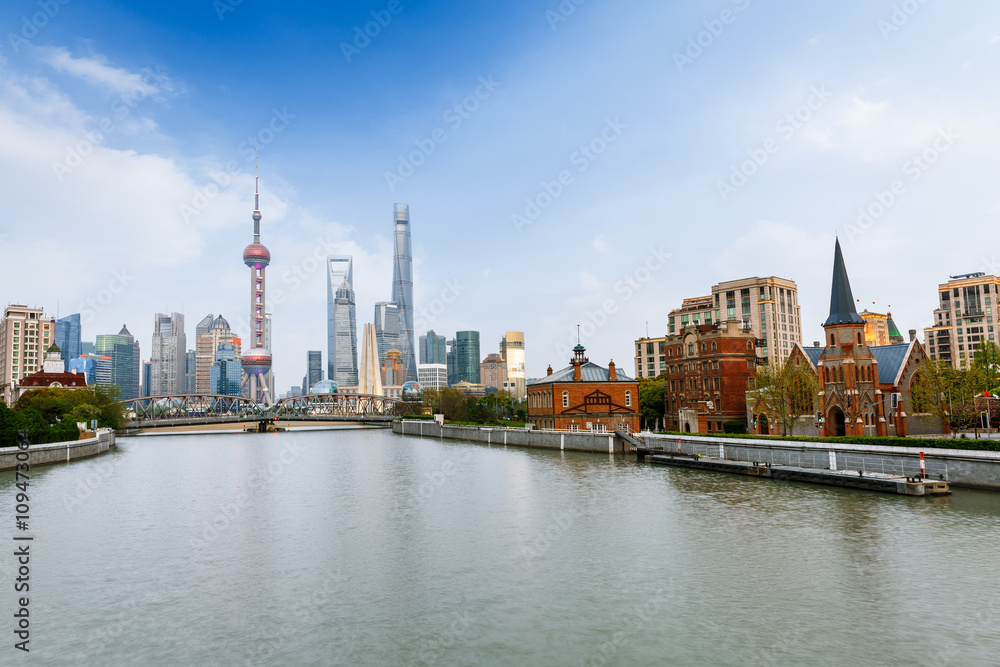 Beautiful modern city at dusk in Shanghai, China