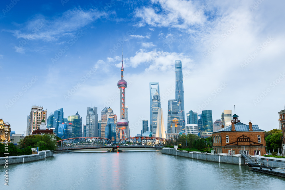 Beautiful modern city at dusk in Shanghai, China