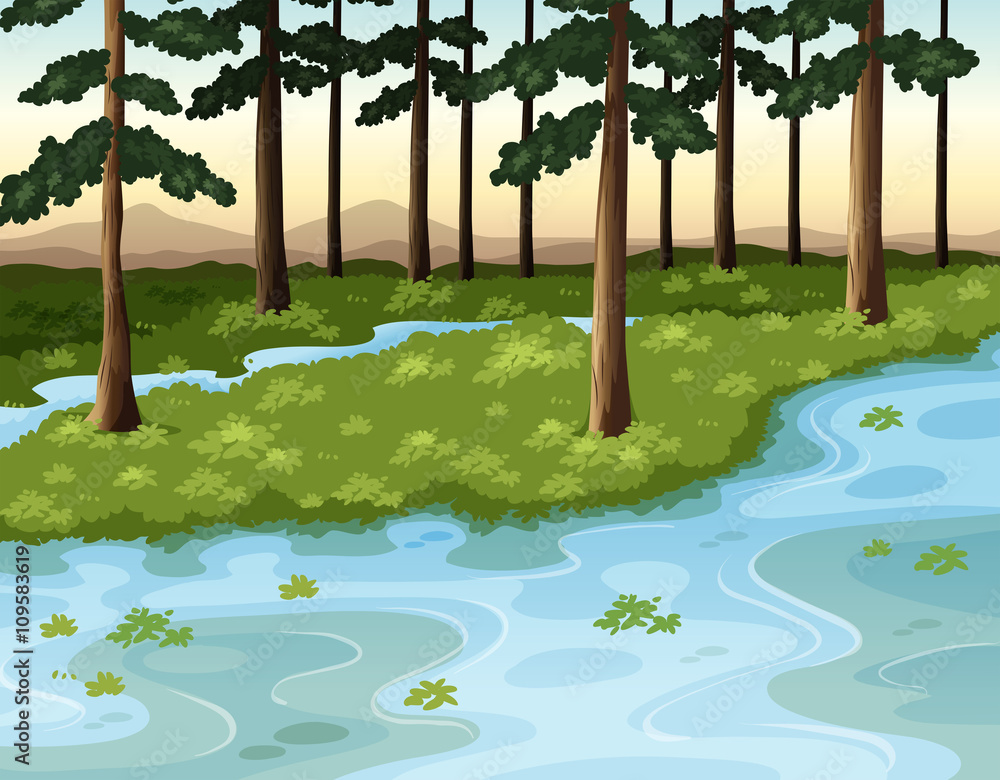 Nature scene with forest and river