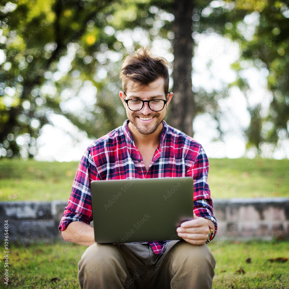 Man Laptop Browsing Searching Social Networking Technology Conce