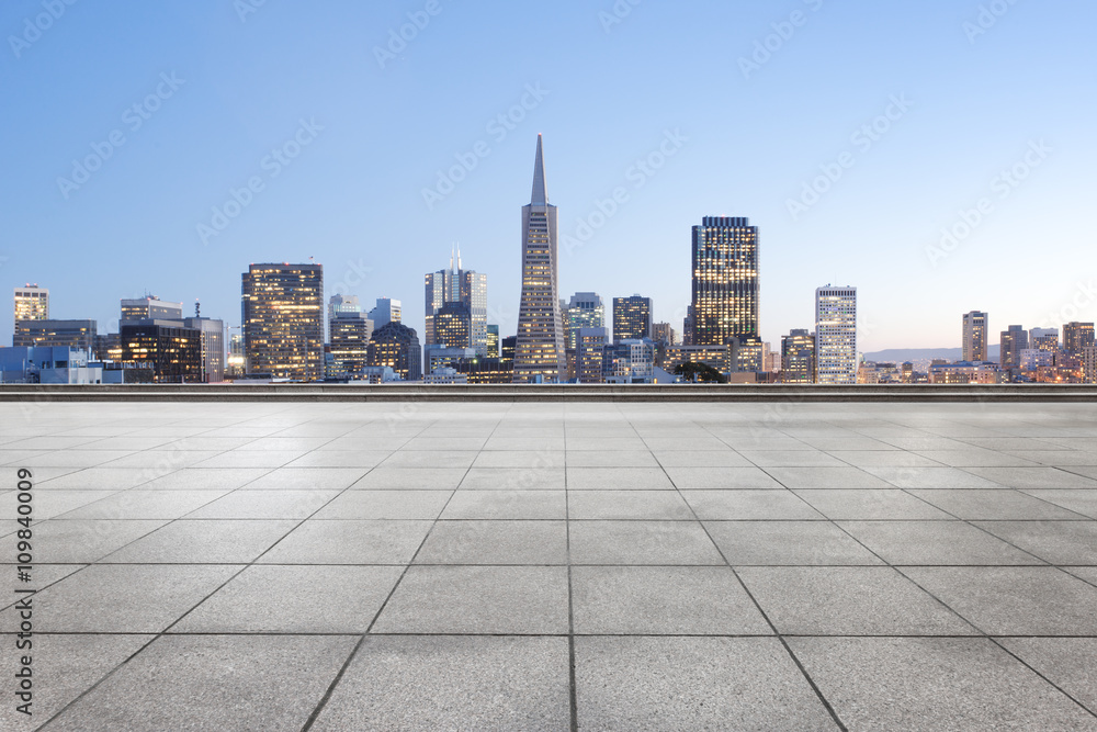 empty marble floor with cityscape and skyline of san francisco