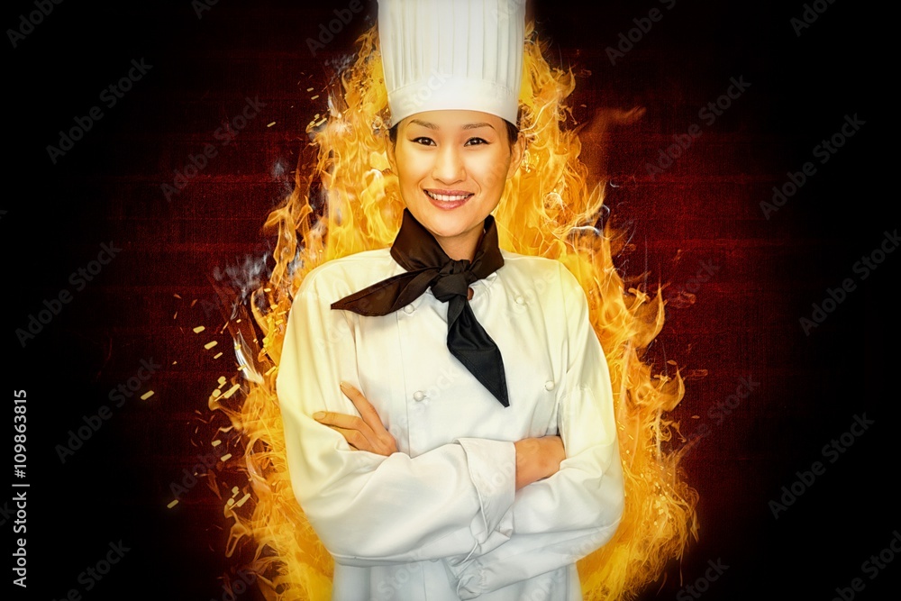 Composite image of portrait of smiling female cook in kitchen