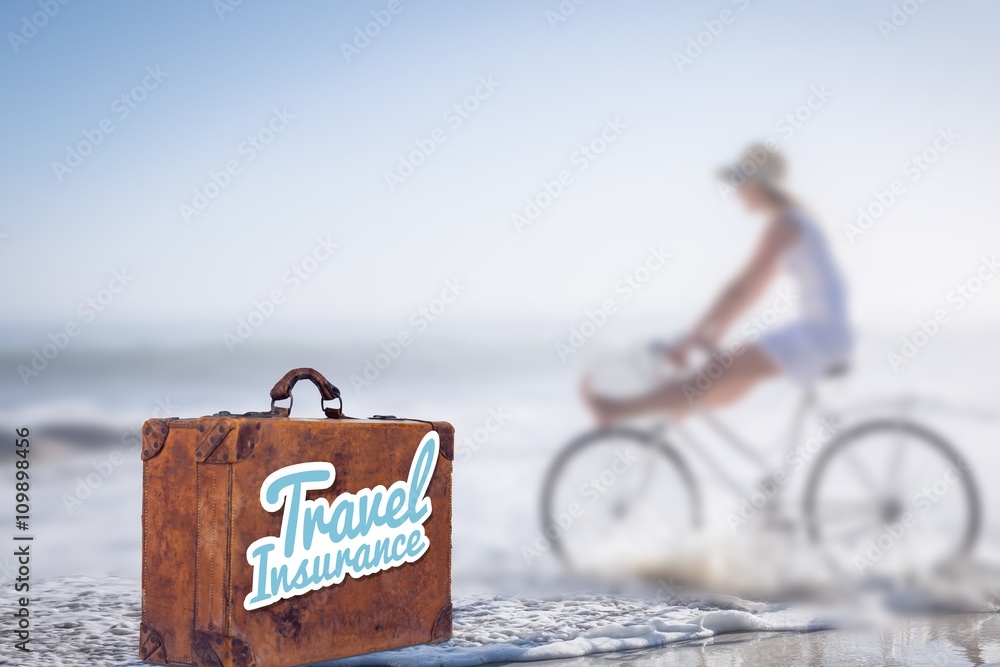 Composite image of travel insurance message on an old suitcase