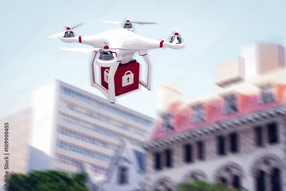 Composite image of a drone bringing a red cube