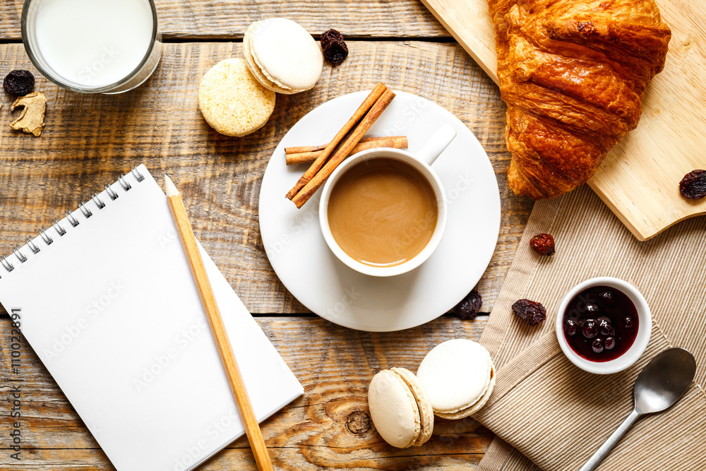 breakfast at home on wooden table with cup of  coffee