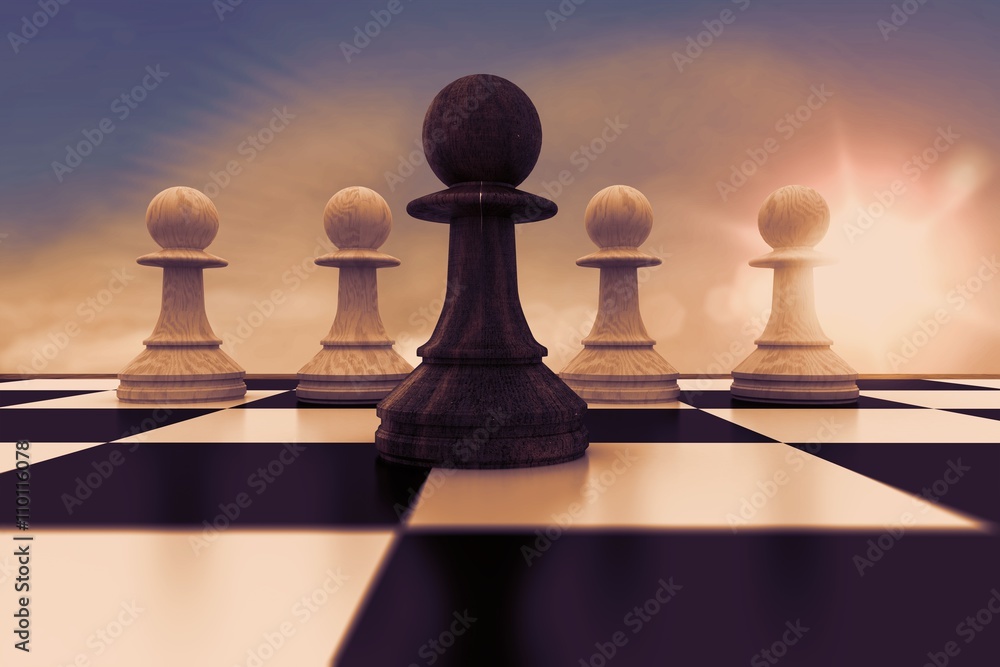 Composite image of black pawn in front of white pawns