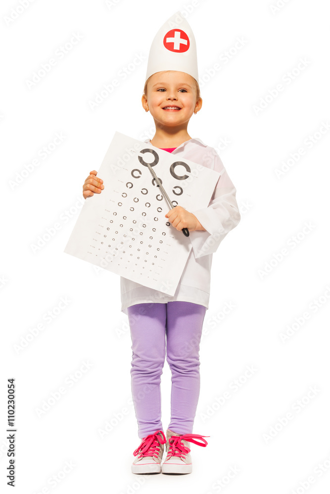 Girl playing oculist with pointer and testing card