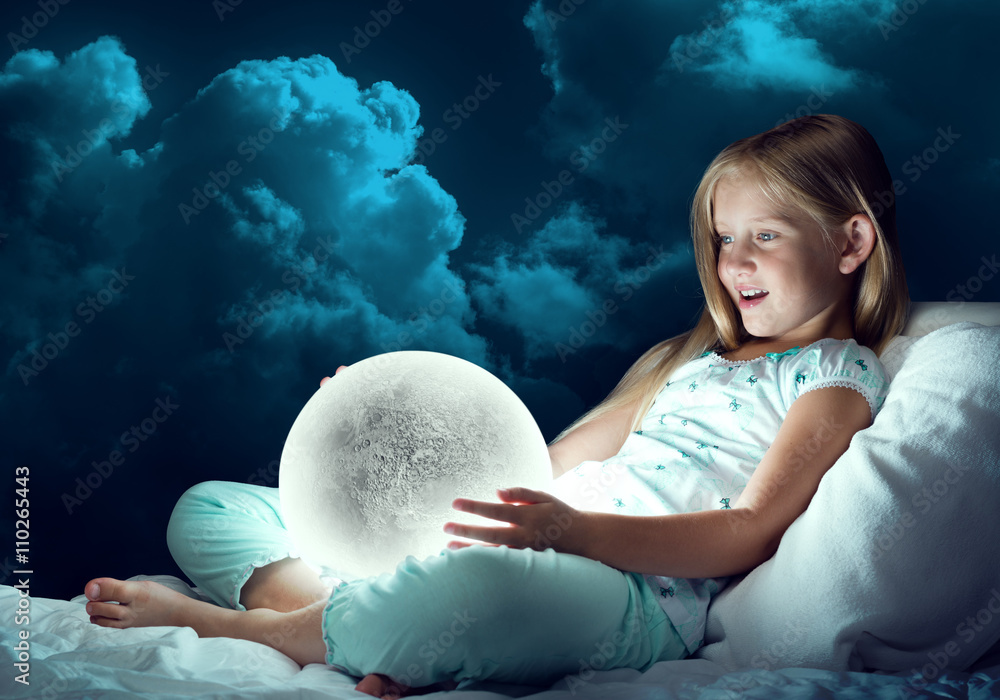 Girl in her bed and moon planet