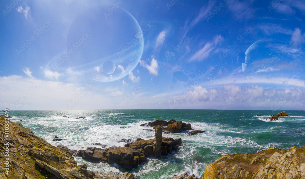 View of distant planet system from cliffs