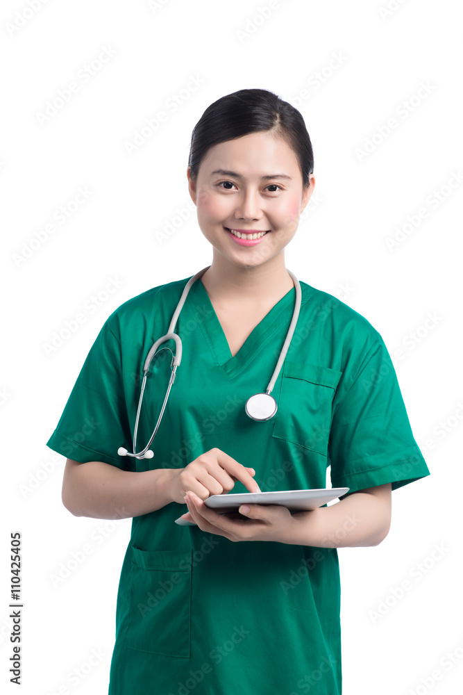 beautiful young female medical intern with tablet computer