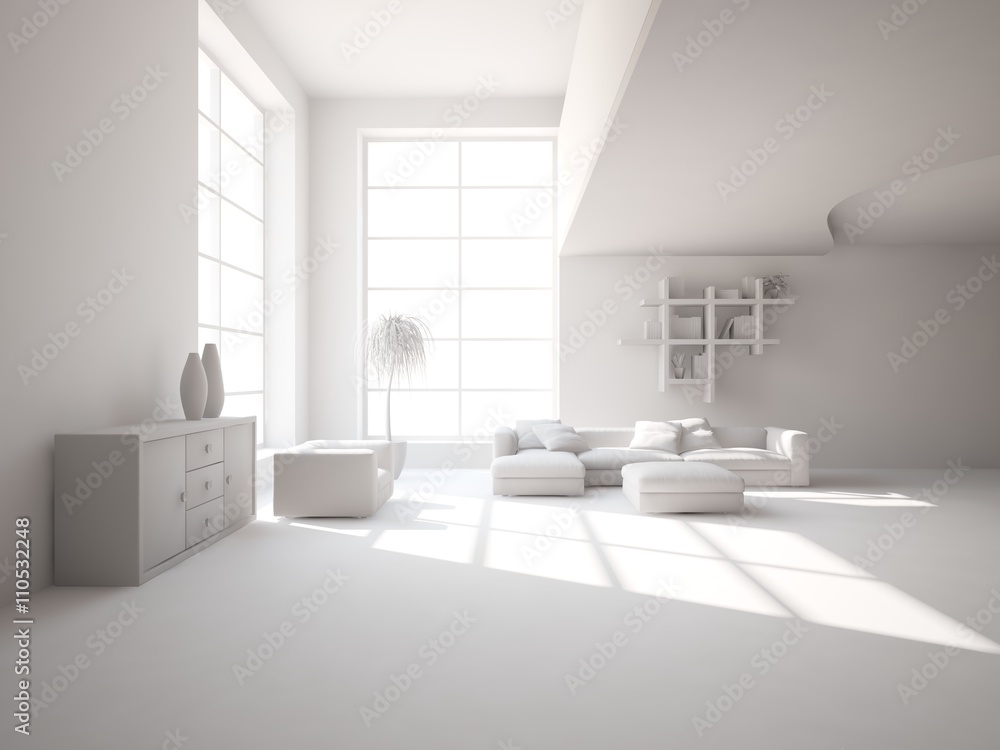 white interior design of living room -3D illustration