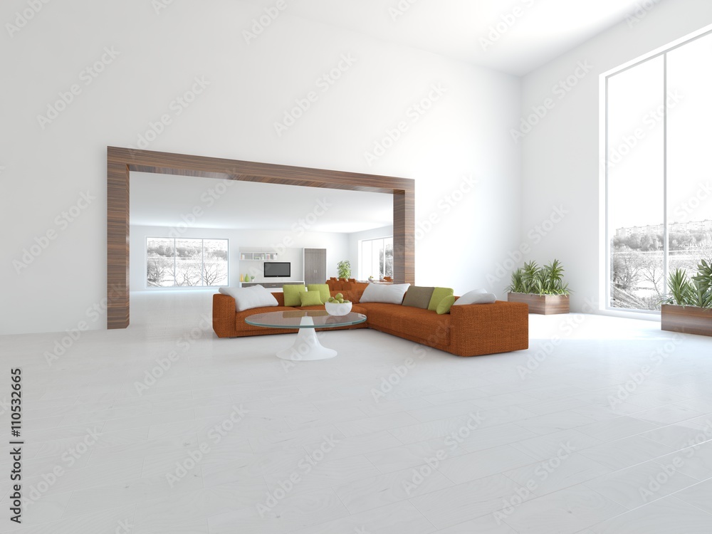 white interior design of living room -3D illustration