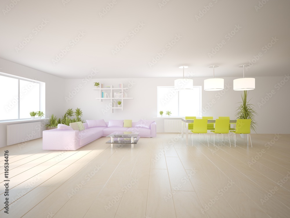 white interior design of living room -3D illustration