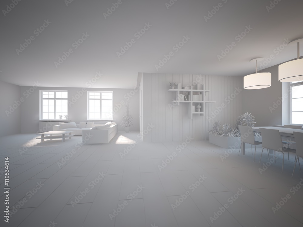 white interior design of living room -3D illustration