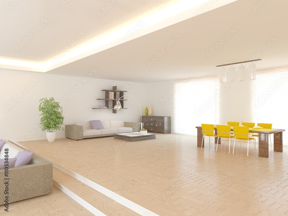 white interior design of living room -3D illustration