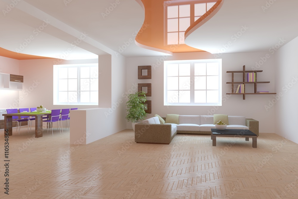 white interior design of living room -3D illustration