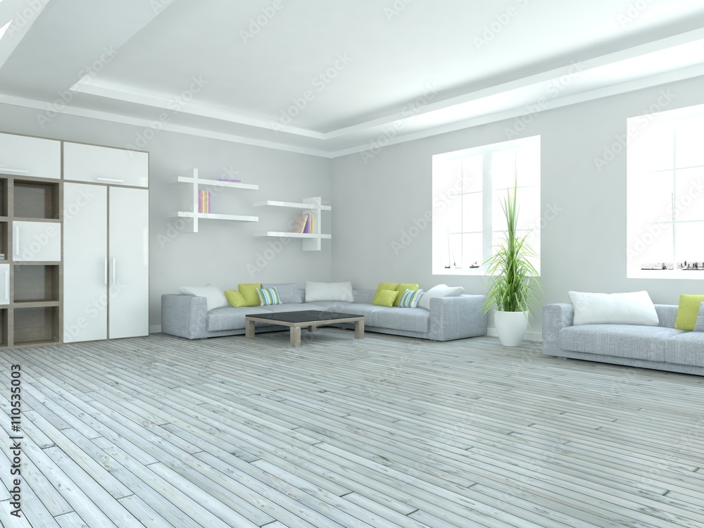 white interior design of living room -3D illustration