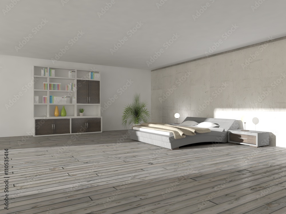 white interior design of bedroom -3D illustration