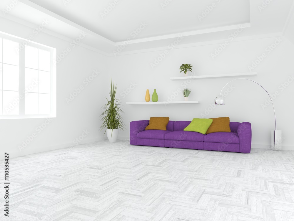 white interior design of living room -3D illustration