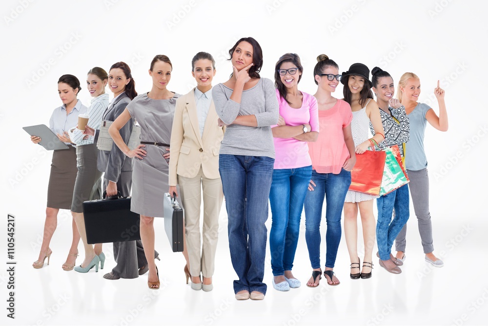 Composite image of young woman in thinkers pose