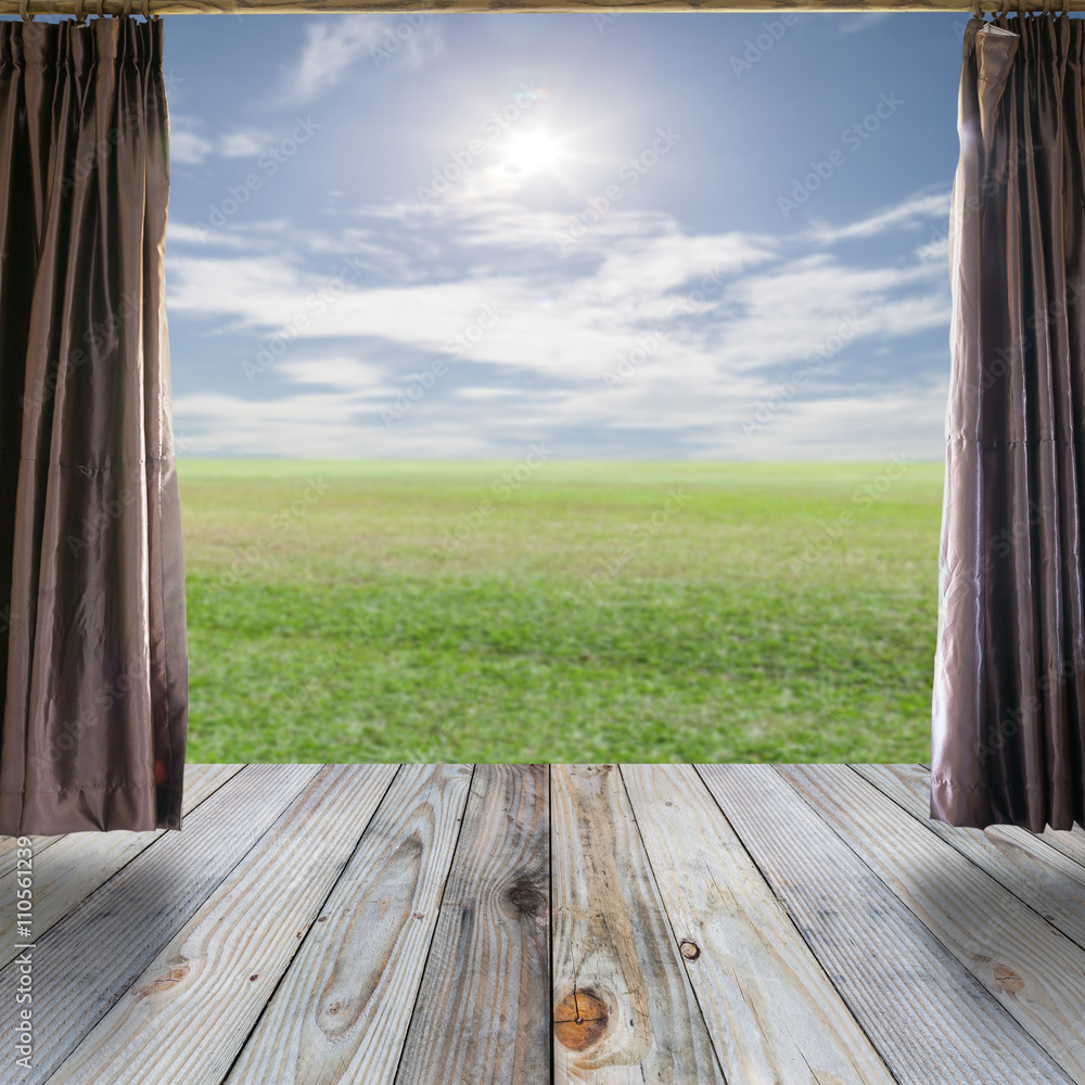 Wood floor and Open curtains on the background of the scenery ba