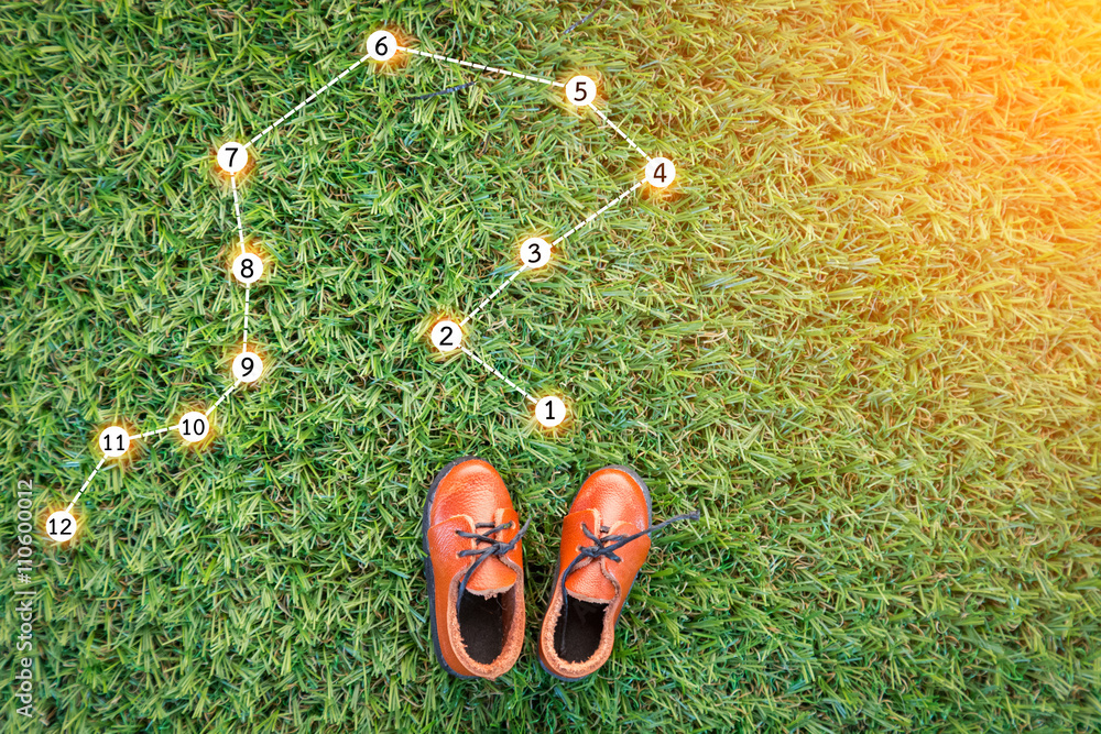 toy leather shoe on grass field texture background.jpg