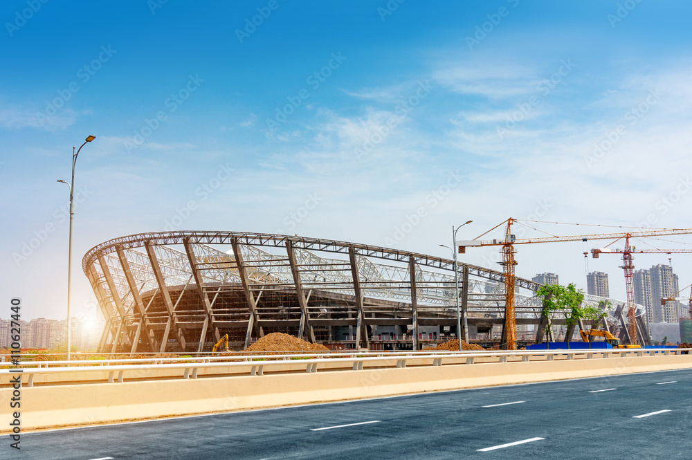 Large steel structure construction site