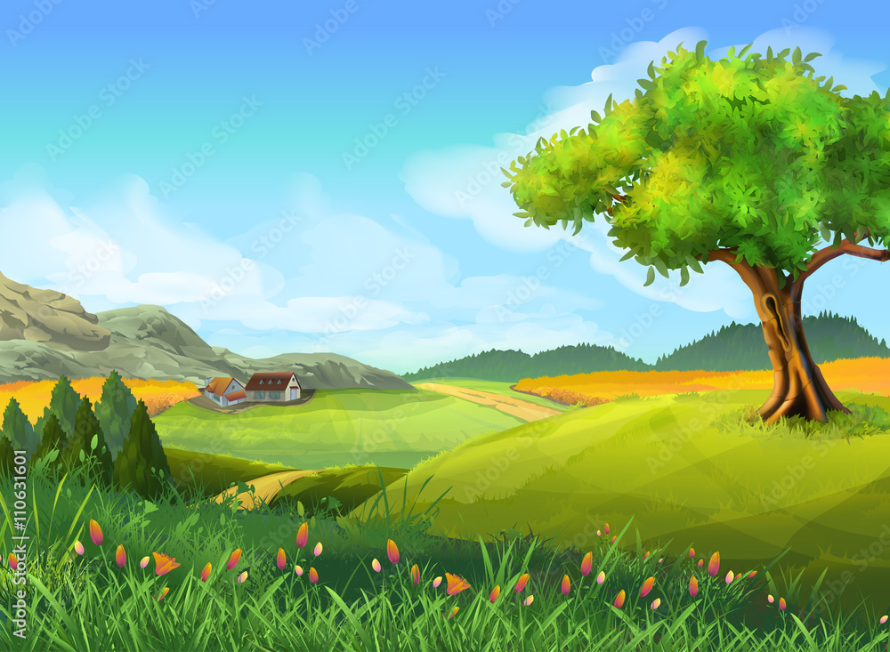 Rural landscape, nature, summer, vector background