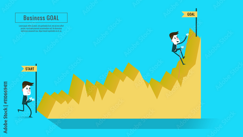 Two businessmen on the graph, start point and goal. vector