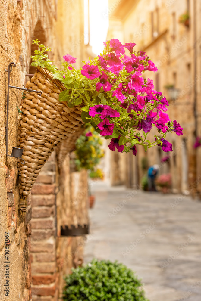 Colorful street in Pienza, Tuscany, Italy