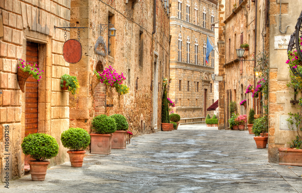 Colorful street in Pienza, Tuscany, Italy