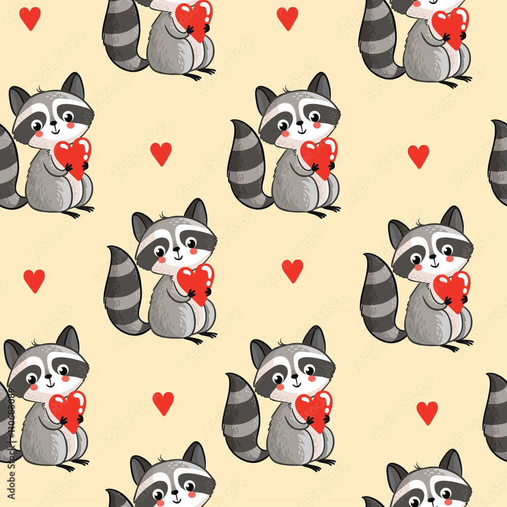 Vector seamless pattern with cute raccoon holding a heart in his hands on a white background. Cartoo