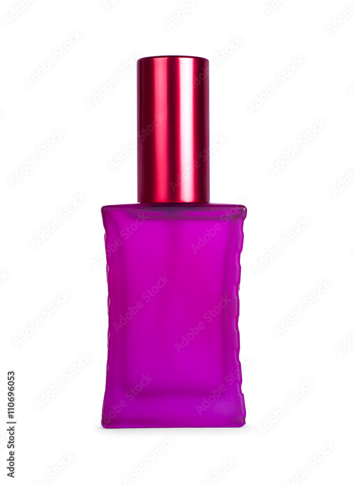 Pink perfume bottle on white background