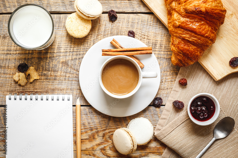 breakfast at home on wooden table with cup of  coffee