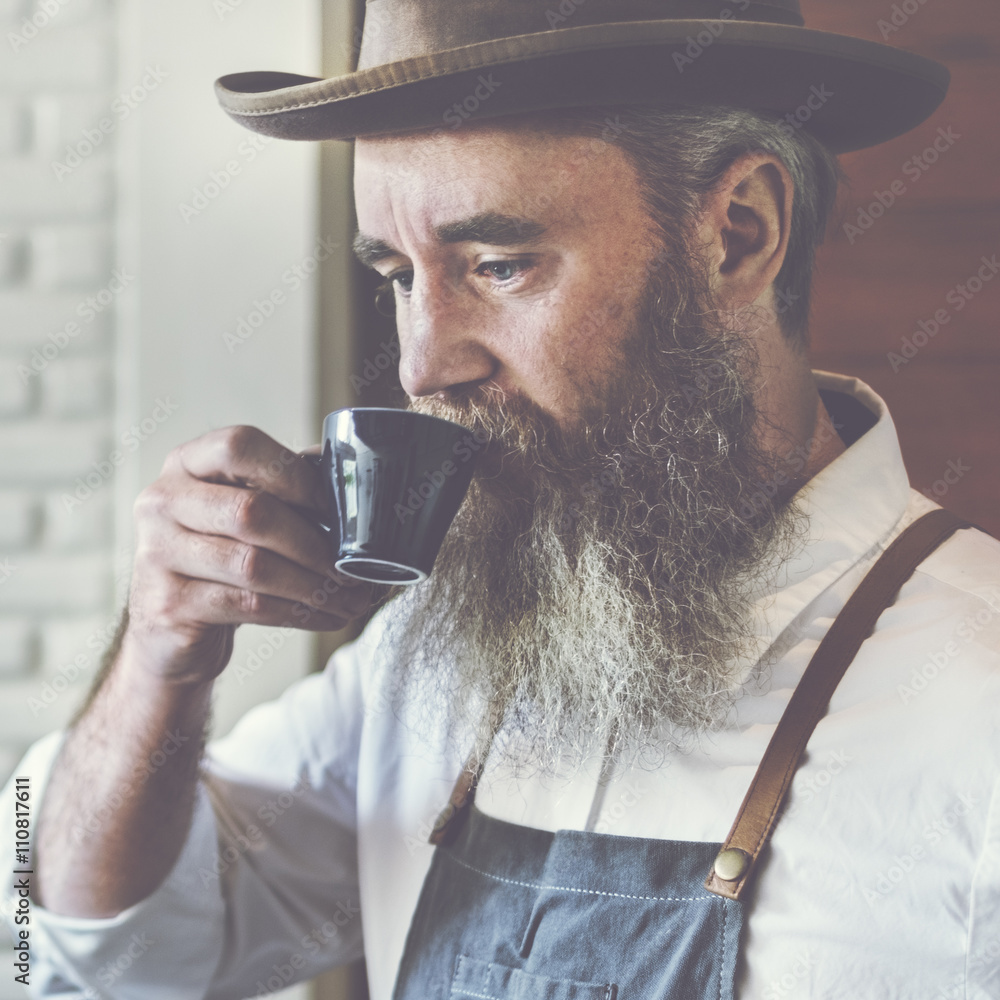 Owner Coffee Shop Man Drinking Coffee Concept