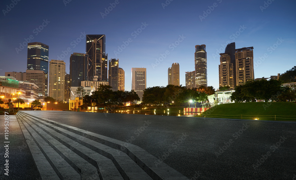 Empty floor and modern cityscape