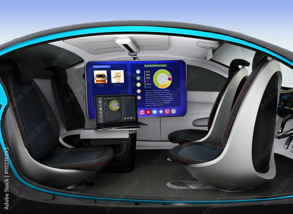 Autonomous car interior concept. Ceiling-mounted monitor help business man have video meeting when t